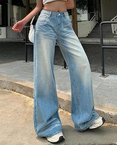 Women's Low Rise Wide Leg Flare Jeans Baggy Vintage 90s Bell Bottom Jeans Casual Loose Fit Boyfriend Denim Pants thumbnail 6