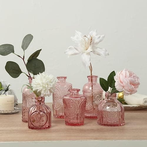 Efavormart Set of 6 Vintage Embossed Dusty Rose Glass Bud Vases, Decorative Apothecary Style Reed Diffuser Table Centerpieces - Image 1