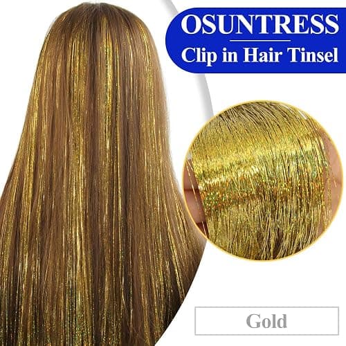 OSUNTRESS Gold Hair Tinsel Clip In Accessories for Women 480 Strands 6Pcs | 20-22 Inch Fairy Clip On Hair Tinsel Kit Glitter Heat Resistant Straight Colored Extensions for USA Girl Festival Party Beach thumbnail 2