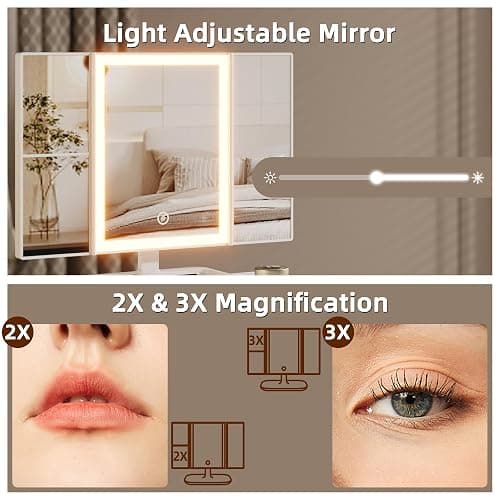 HIGDBFE Vanity Desk with Mirror & Lights and 3 Fabric Drawers, Makeup Vanity Table with Adjustable Stand, Dressing Vanity Table for Bedroom, Computer Desk for Small Spaces, 27.5''W, White thumbnail 5