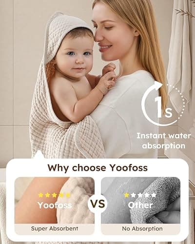 Yoofoss Hooded Baby Towels for Newborn 2 Pack 100% Muslin Organic Cotton Baby Bath Towel with Hood for Babies, Infant, Toddler and Kids, 32x32Inch, Soft and Absorbent Newborn Essential, Beige&Coffee thumbnail 3