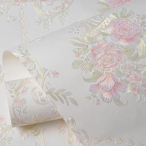 Farrich Vintage 3D Floral Peel and Stick Wallpaper Embossed Colorful Rustic Damask Flower Wall Paper Self Adhesive Wallpaper Decorations for Bedroom White 20.8" x 197" - Image 1