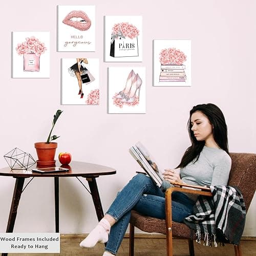 FRAMED Pink Makeup Room Canvas Wall Art, Fashion Woman Picture Wall Decor Paintings, Watercolor Perfume High Heels Lipstick Beauty Room Decor Pictures Arts for Girls Women Room Decor, (Set of 6, 8x10 in, Framed) thumbnail 4