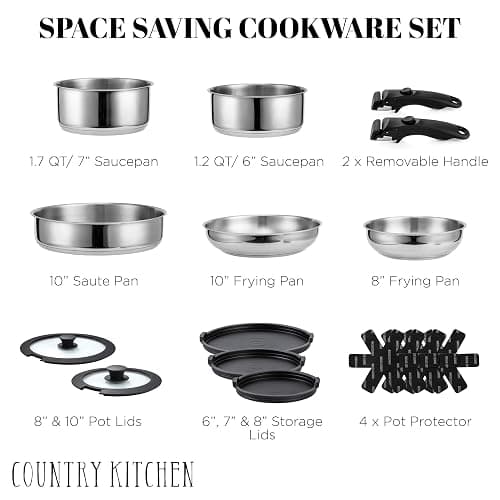 Country Kitchen Cookware Set with Removable Handle, Oven & RV Safe Pots and Pans Set, Stainless Steel, Original thumbnail 3