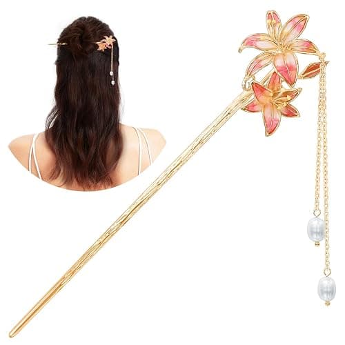 KZQtriid Hair Accessories,14k Gold Plated Copper,Vintage Handcrafted,7.28" Hair Chopsticks For Women,Colour Enamels Pearl Lilies Tassels Hair Stick,Hair Clip - Image 1