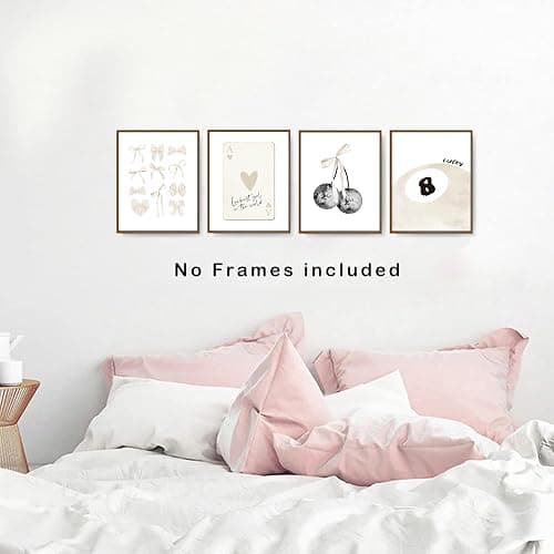 okaxscm Beige Coquette Trendy Preppy Wall Art Prints Set of 4, Coquette Room Decor, Preppy Room Decor Aesthetic, Beige Bow Disco 8 Ball Cherry Wall Decor Posters for Girls Bedroom Dorm, 8x10 Unframed thumbnail 4