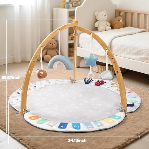 EXIN DECHEN Baby Play Gym & Activity Mat,Natural Organic Bamboo Frame with 4 Detachable Sensory Toys,Tummy Time Mat,Play Mat for Babies 0-6 Months,Newborn Play Mat,Baby Essentials Gifts thumbnail 2