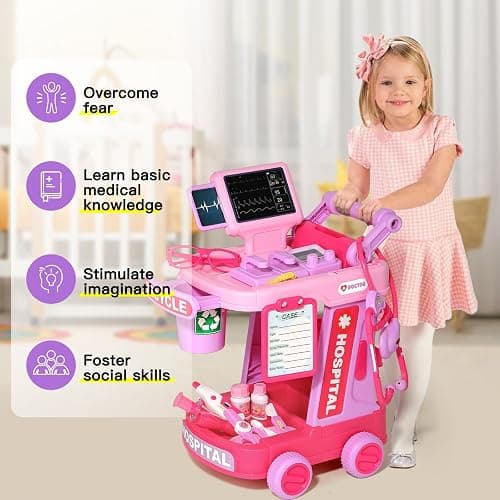 Phobby Doctor Kit for Toddlers Aged 3 4 5, Medical Pretend Play Set for Kids with Bag and Costume, Doctor Cart Toy for Girls Boys Birthday Gift (Pink) thumbnail 7