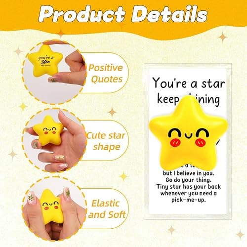 Natonhi 36 Pack Back to School Gifts for Students, Yellow Smile Squeeze Star Squishy Stress Balls Bulk with Blessing Cards for First Day of School Classroom Prizes Party Favors Exchange Gifts thumbnail 4