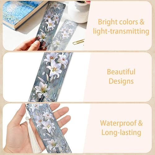 Zaamwoyy 4 Pcs Stained Glass Art Bookmarks for Reading Women, Flower Transparent PVC Bookmark with Tassels, Cute Book Accessories, Unique Book Marks for Bookish, Birthday Christmas Gift thumbnail 4