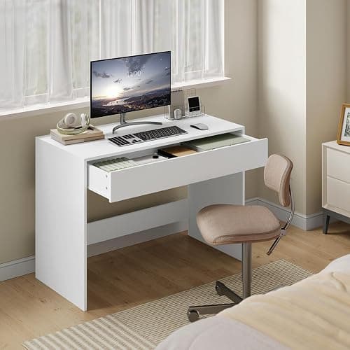 eSituro Computer Desk with Drawer, Home Office Desk 100x50x75 cm, Vanity Table with Storage, Dressing Table for Bedroom, White thumbnail 5
