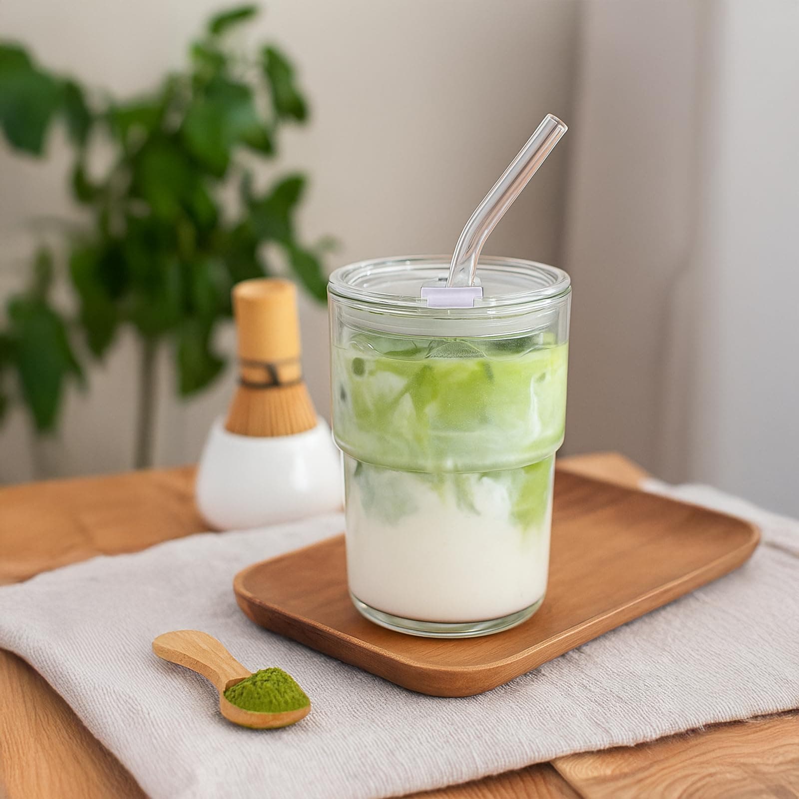 MINGHYZYA 13oz Iced Coffee Cup, Reusable Glass Tumbler with Straw and Lid, Thick Wall Glass Cups with Lids and Straws for Matcha, Smoothies, Drinking Glassware Water Cups (clear-4pack) thumbnail 2