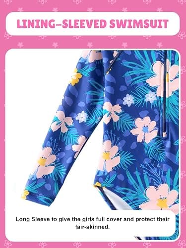 Angel season Girls Long Sleeve Swimsuits One Piece Rash Guard Bathing Suit UPF50+ Toddler Kids Zipper Swimwear Size 2-10 - Blue Floral - 2-3T thumbnail 5