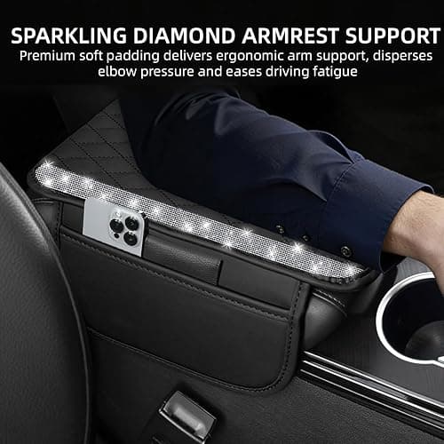 NBTEPEM Bling Car Center Console Cover, Leather Car Arm Rest Cover Cushion with 2 Storage Bags, Middle Console Cover Universal Armrest Protector Pads, Bling Accessories for Most Vehicles (Silver) thumbnail 4