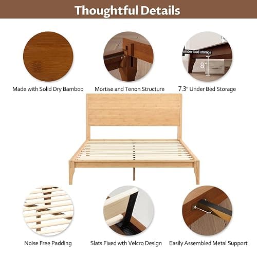 Merax Full Size Bamboo Platform Bed, Mid-Century Modern Bed Frame with Tall Headboard, Solid Sustainable Bedframe Full-size, Wood Slat Support, No Box Spring Needed, Easy Assembly, Noise Free, Natural thumbnail 5