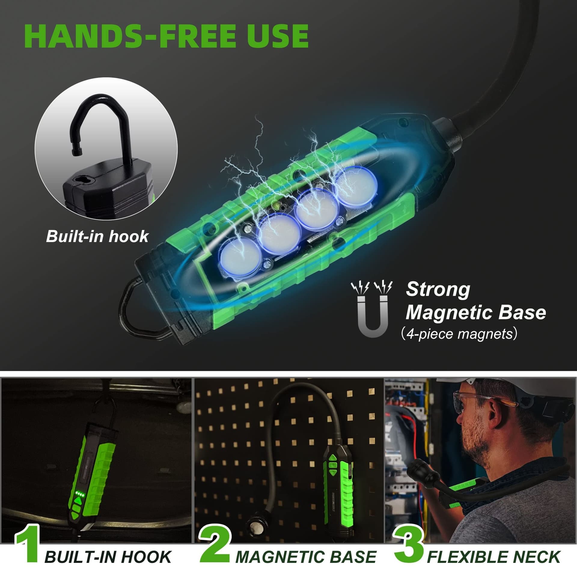 300 Lumens Rechargeable LED Work Light with 18-Inch Flexible Gooseneck, Built-in Hook, Strong Magnetic Base, Zoomable Lens, for Work Bench, Car Repairing, Grill Light and Inspection thumbnail 5