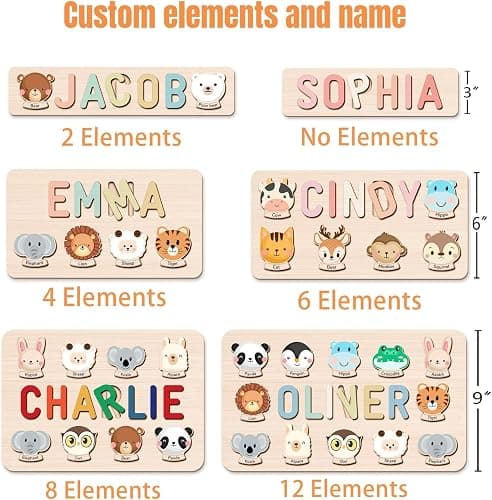 AZUFEMOS Personalized Name Puzzle for Kids, Personalized Baby Gifts Custom Name Puzzles for Toddlers 1-3 Animal Puzzle, Customized 1st Birthday for Girls & Boys Wooden Puzzle Montessor Toys for Kids - Animal Name Puzzle thumbnail 3