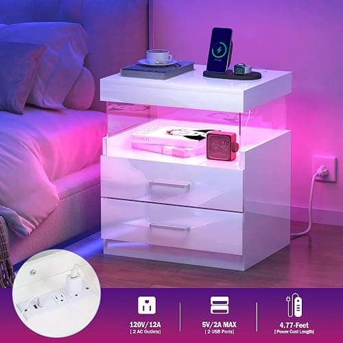 WelFurGeer High Glossy Night Stand, White LED Night Stand with Charger Station, Bedside Table with Drawers, Modern Nightstands, Wood Small Nightstand, Nightstands with Drawers for Bedroom thumbnail 5