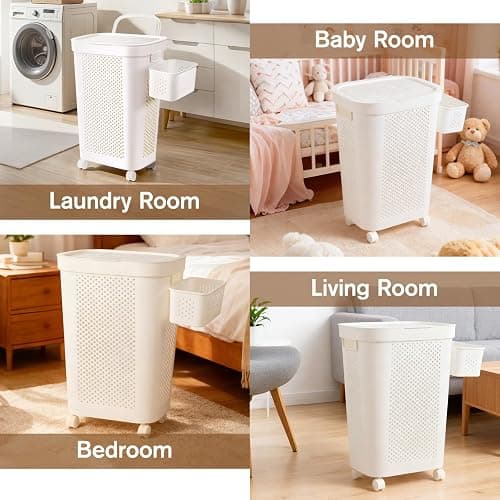 Ultra Wheeled Laundry Hamper with Lid, Suspended basket，Handle and Wheels for Easy Rolling of Clothes to and from The Laundry Room, Plastic（White） thumbnail 7