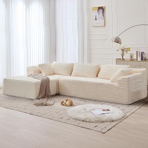Korser 110" L-Shaped Modular Sectional Sofa with Chaise, Boneless Comfy Corduroy Fluffy Couch with Deep Seat and Side Pockets, Flexible Module Combination for Living Room, No Assembly, Side Pockets thumbnail 2