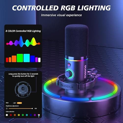 MAONO PD200XS XLR/USB Dynamic Microphone Kit, RGB Gaming Mic with Software | PC Mic with Mute, Gain Knob, Volume Control, Boom Arm for Streaming, Gaming, Podcasting, Voice-Over, Recording thumbnail 4
