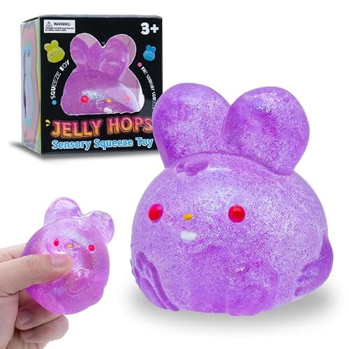 Stress Relief Purple Glitter Bunny Squeeze Toy - Anxiety Calming Sensory Fidget Toy for Kids & Adults, Soft Squishy Ball for ADHD Autism, Jelly Hops - Image 1