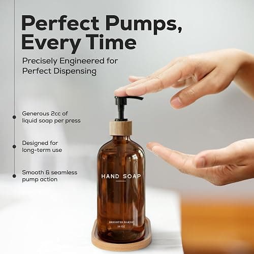 Amber Glass Hand and Dish Soap Dispenser Set by Brighter Barns - Kitchen Soap Dispenser Set with Tray - Bamboo Pump Bottles for Kitchen Sink - Modern Home Decor, Neutral Decor for Airbnb, Gift (Amber) thumbnail 4
