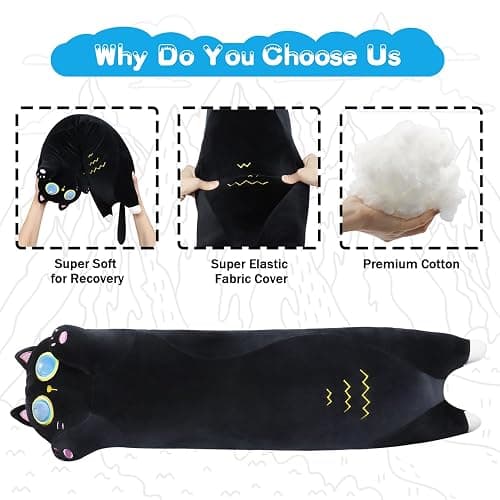 Sprinqdawin Long Black Cat Plush Pillow,35.5" Large Black Cat Stuffed Animal,Kawaii Cat Plush,Cuddly Sleeping Hugging Stuffed Animal, Giant Cute Body Pillow,Plush Toy Gift for Kids Birthday thumbnail 5