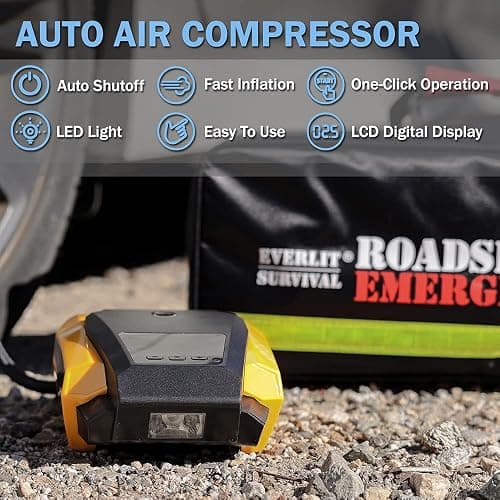 Everlit Survival Car Emergency Kit, Roadside Safety Tool Kit with Gloves,Digital Auto Air Compressor Tire Inflator, First Aid Kit, 12 Feet Jumper Cable, Tow Strap, Flashlight for Women, Men, Teenagers thumbnail 3