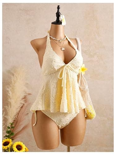 Verdusa Women's 2 Piece Hater Tankini Set Textured Babydoll Tops with Panty Swimsuits thumbnail 3