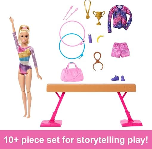 Barbie Gymnastics Doll & Accessories Playset | Blonde Fashion Doll, C-Clip for Flipping Action, Balance Beam, Warm-Up Suit & More thumbnail 2
