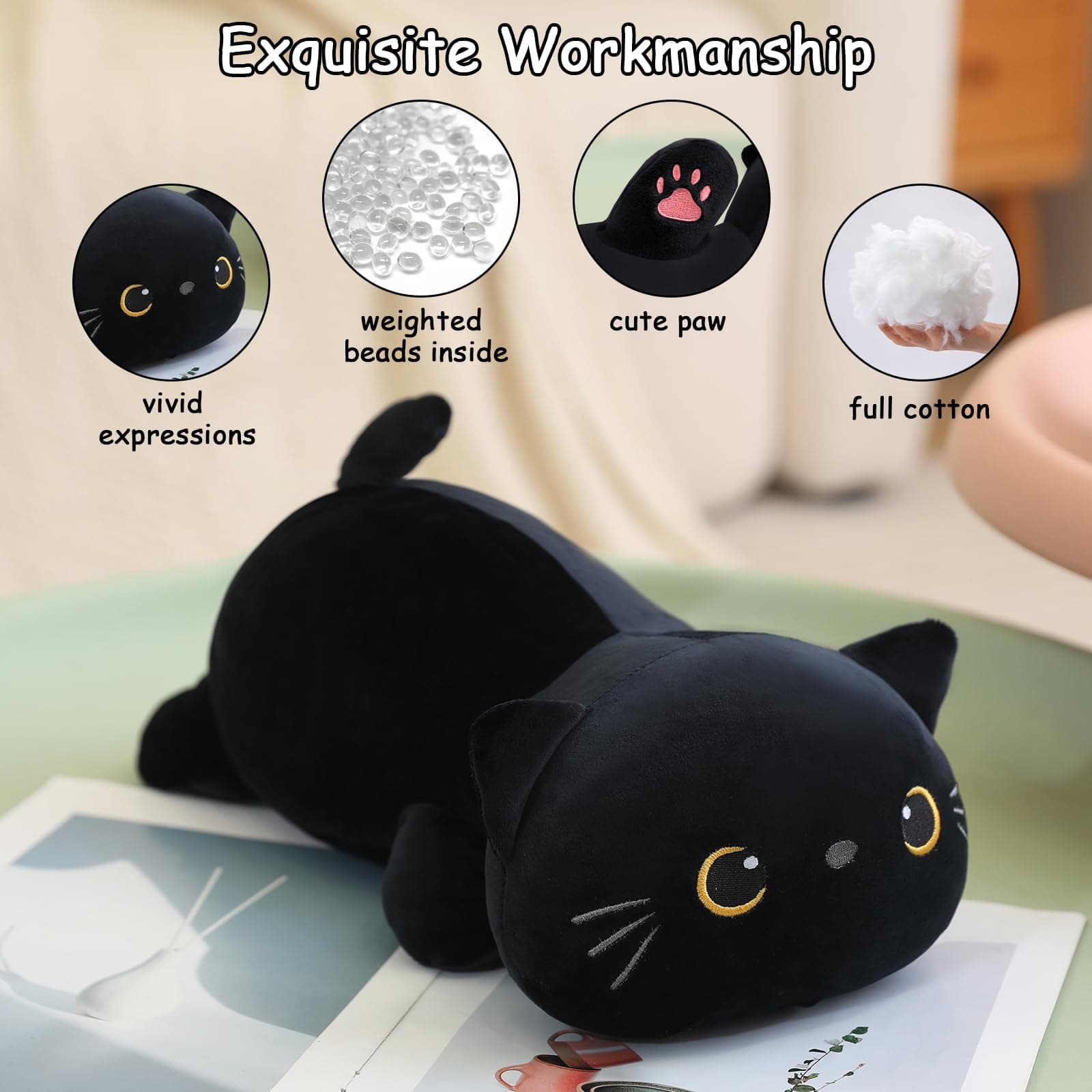 SQEQE Weighted Black Cat Plush, Weighted Black Cat Stuffed Animal, Cute Plushies Soft Pillow Toy Present for Kids Adults 35 CM, 0.7 KG thumbnail 3