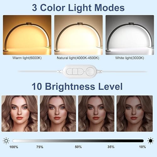 iVict Half Moon Light for Nail Desk, 29In 40W Nails Tech Light with Phone Stand, 10 Adjustable Brightness, 3 Color Temperature Led Desk lamp for Nail, Tattoos, Eyebrows, Beauty(White) thumbnail 2