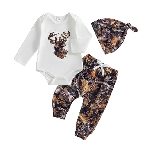 DSOKUHIB Newborn Baby Boy Hunting Outfit Deer Mallard Duck Romper Jungle Camo Pants Set Hat 3 Piece Fall Winter Clothes - Image 1