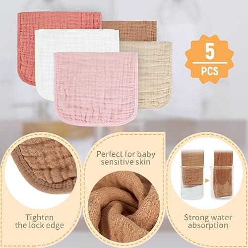 MIGIOL Baby Burp Cloths 100% Cotton Newborn Muslin Burp Cloths 10x20 inches Baby Essentials Pink & Coffee 5-Pack thumbnail 5