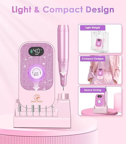 Portable Nail Drill Electric File: Professional Nail E File Machine 40000RPM Rechargeable Cordless Pink Diamond Nail Drill with Bits & Base for for Acrylic Nails Remove Gel Polish Manicure, Salon Home thumbnail 5