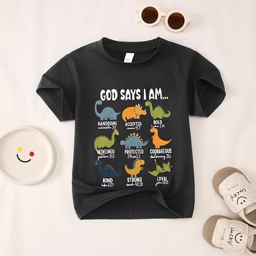 GLIGLITTR Toddler Boy Dinosaur Shirt God Says I Am Bible Verse Dino Religious Tshirt Christian Outfits Baby Short Sleeve Tees thumbnail 6