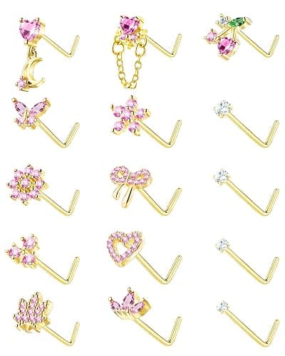 BSJ4U Nose Rings L Shaped for Women Nose Piercings 20G Surgical Stainless Steel Gold Plated Nose Studs Pink Red CZ Heart Butterfly Flower Cherry Bow Moon Dangle Nose Piercing Jewelry - Image 1