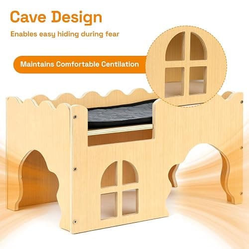 Wooden Guinea Pig Hideout Cave House, Guinea Pig Castle with Natural Cave-Style Entrance, Large Small Animal Habitat with Stairs, Waterproof Liner, Easy Assembly for Guinea Pigs, Rabbits & Hamsters thumbnail 6