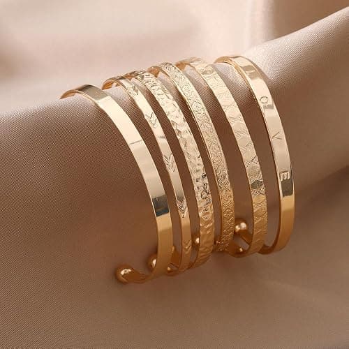 KISS WIFE Golden Bangles for Women, Adjustable Bangle Bracelets, Multi Layer Open Stackable Cuff Bracelet Set, Fashion Accessories Jewelry Gifts for Women thumbnail 9