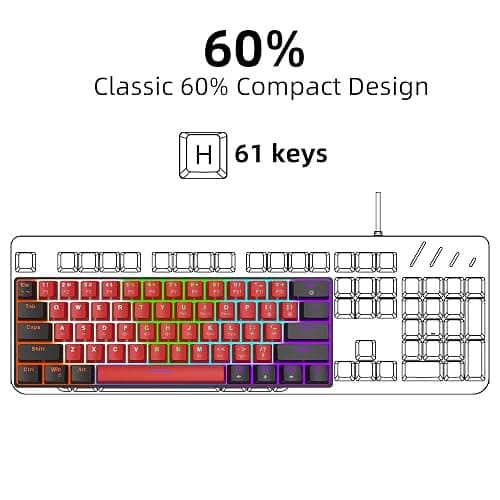 Snpurdiri 60% Wired Mechanical Keyboard, Mini Gaming Keyboard with 61 Keys for PC, Windows XP, Win 7, Win 10 (Black-Red, Red Switches) thumbnail 2