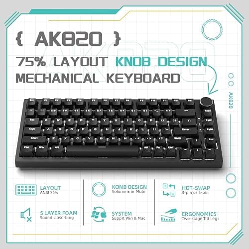 A.JAZZ x Attack Shark AK820 Wired Mechanical Gaming Keyboard 75% with Knob,Hot Swap,Upgraded Socket & 5-Layer Noise Absorbing Foams,Gasket,82 Keys,Custom White LED,NKRO,Red Switch for PC/Win/Mac thumbnail 2