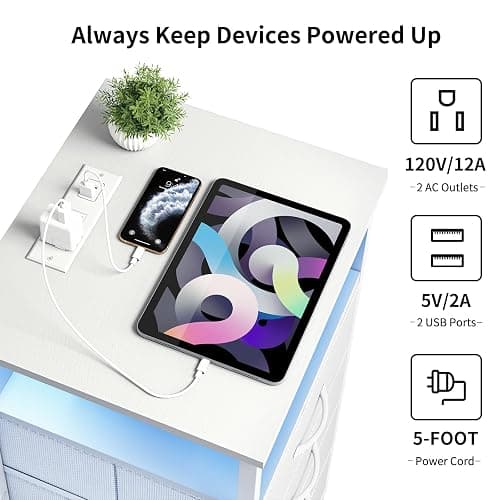 Fixwal Night Stand with Charging Station, White Led Nightstand, 4 Drawers | fabric drawer, built-in bedside charger, 2 AC outlets & 2 USB ports, open top shelf, bedroom furniture, end table thumbnail 5
