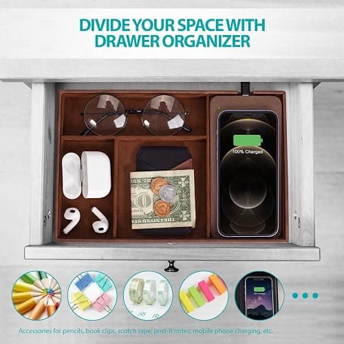 Tray, Built in Wireless Charging Pad, Nightstand Organizer, Dresser Organizer, Mens Jewelry Box, Valet Charging Station, Faux Leather Valet Tray for Men and Women, Brown thumbnail 5