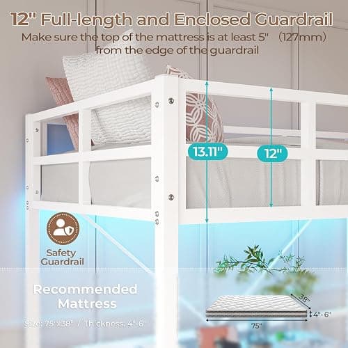 DICTAC Loft Bed Twin Size with Ladder and Guardrail,Metal Twin Loft Bed for Kid/Teen with Led Lights,Small Space Saving Furniture Design for Bedroom,Kid Room and Dorm,No Box Spring Needed, White thumbnail 5