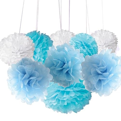 18pcs Tissue Hanging Paper Pom-poms, Hmxpls Flower Ball Wedding Party Outdoor Decoration Premium Tissue Paper Pom Pom Flowers Craft Kit (Blue & White), 8"/ 10"/ 12" thumbnail 2