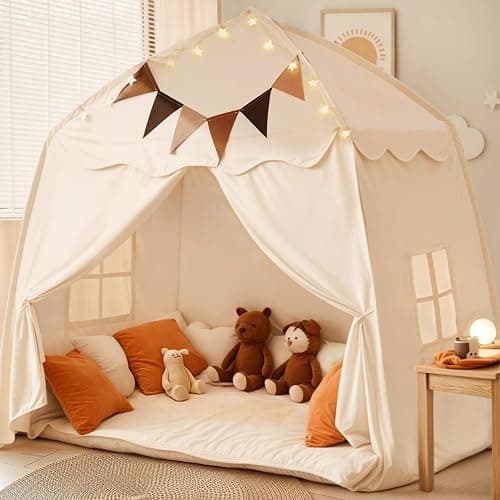 Extra Large Kids Play Tent with Flags & Star Lights, Portable & Foldable Teepee, Boys & Girls, Indoor Outdoor Dome Tent Playhouse, 59x39x59 in, Cream - Image 1