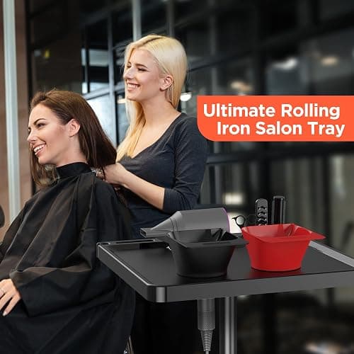 TASALON Wheeled Salon Rolling Tray Cart with 2 Magnetic Bowls | Chemical-resistant instrument tray with stickless wheels for hairdressing and tattoo work thumbnail 2