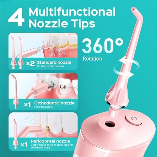 COSLUS Portable Water Flosser for Teeth: 4 Modes & 5 Intensity Levels Professional Electric Dental Pick for Sensitive Gums, Braces & Orthodontic - Cordless for Travel Use, for Adults, BPA-Free, Pink thumbnail 8
