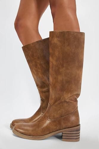 DOEYG Women's Banana Knee High Boots Square Toe Chunky Block Heel Tall Boots Wide Calf Fashion Comfortable Casual Pull on Long Boots thumbnail 4